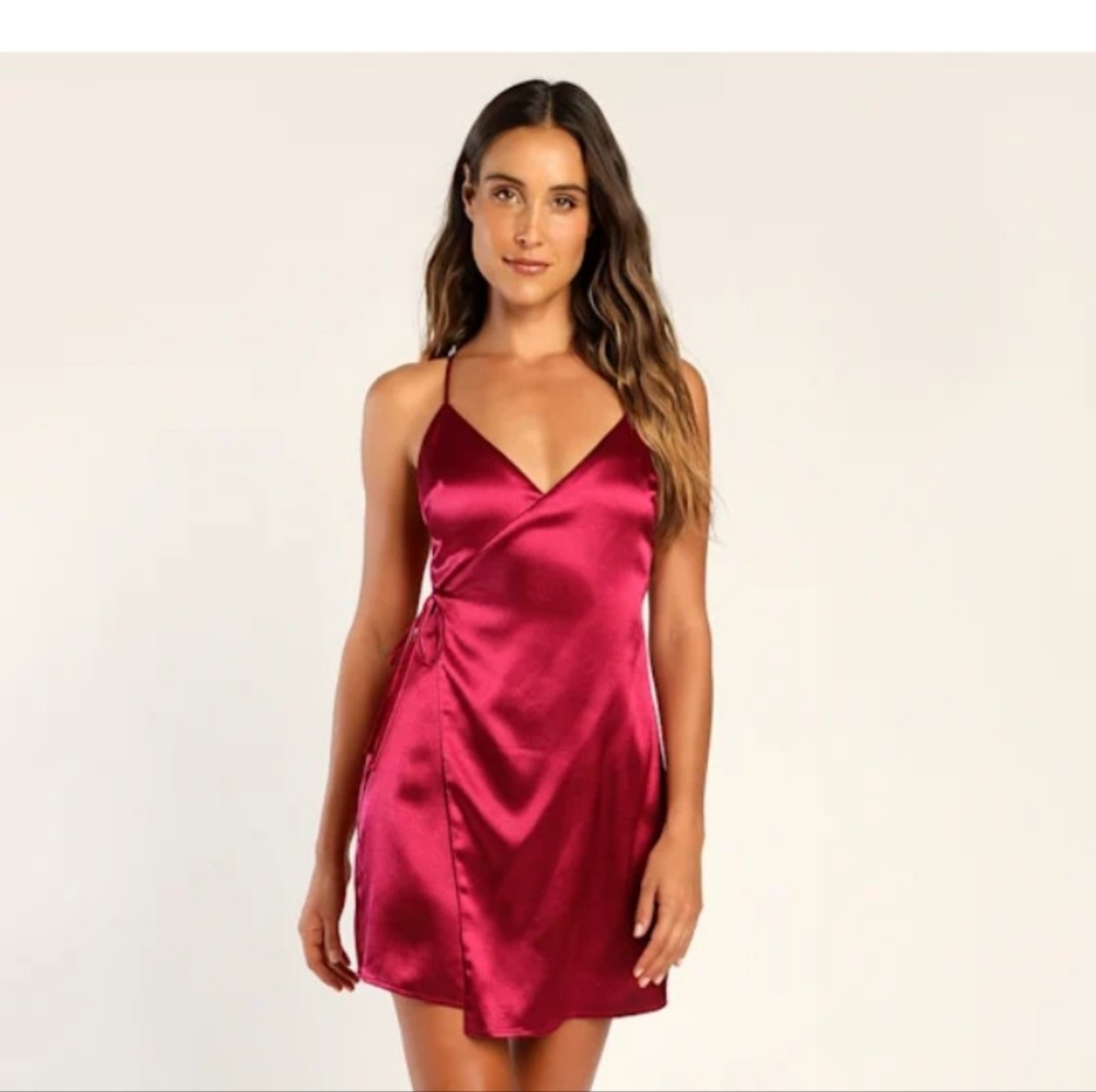 LULU'S Magenta Satin Backless Mini Wrap Dress Large